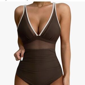Chic Brown One-Piece with Sheer Panel and V-Neck